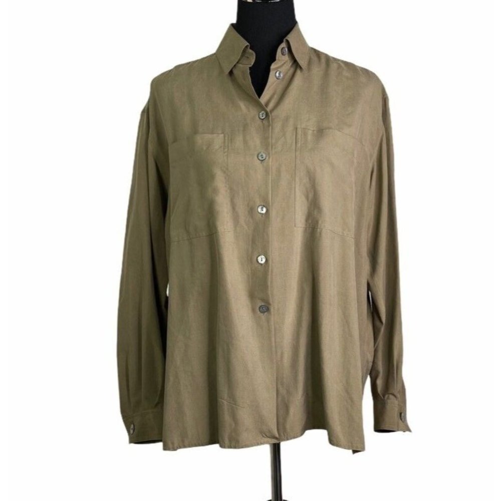 Jaeger Vintage Button Front Shirt Brown Long Sleeve Collared Pockets 100% Silk S